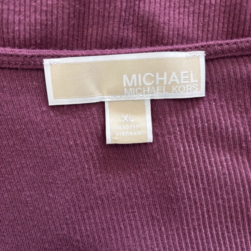 Michael‎ Kors Top Womens XL Purple Ribbed Knit Tie Hem 3/4 Sleeve Buttons V-Neck
